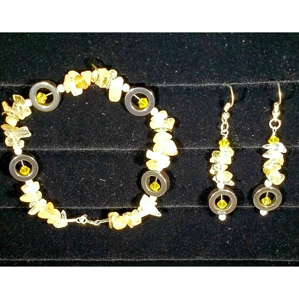 Bright And Sparkly Citrine, Hematite & Crystal Earrings/Bracelet Set